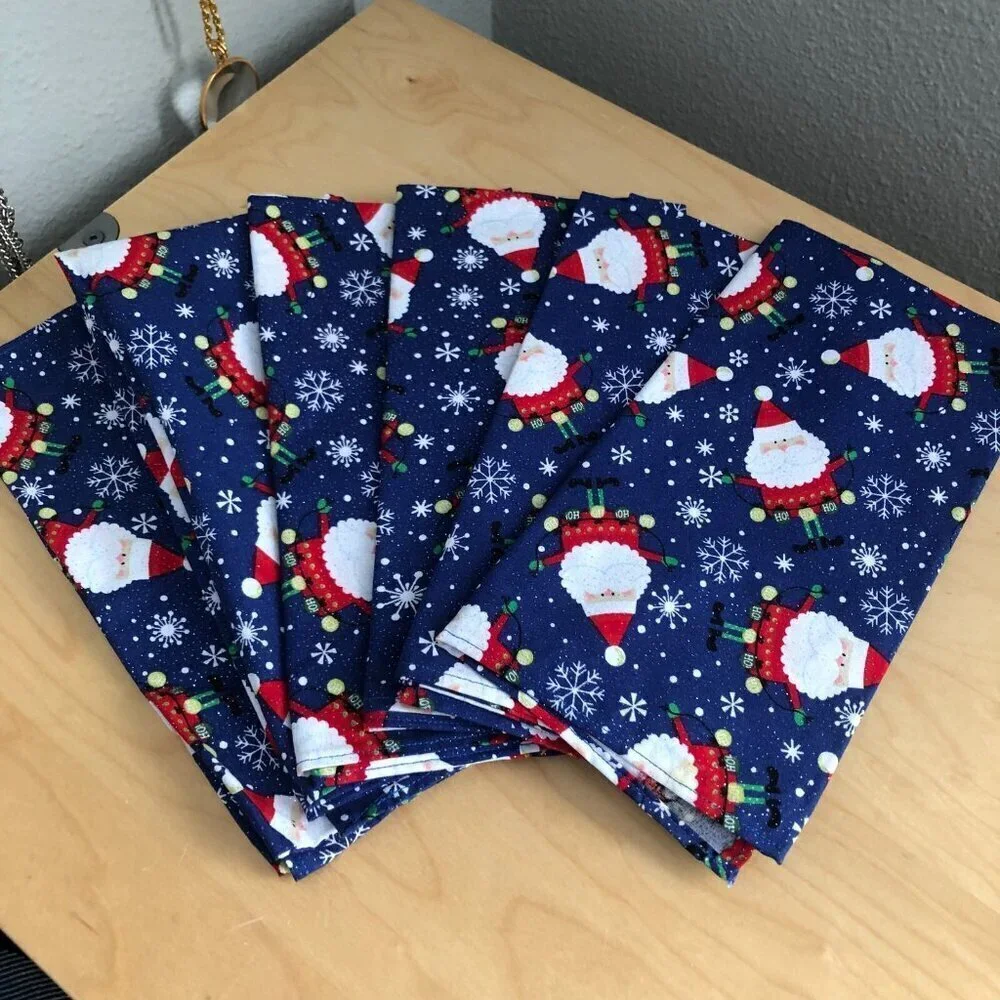 Christmas Holiday Metallic Blue Red Santa Dinner Napkins Set of 6 - NEW